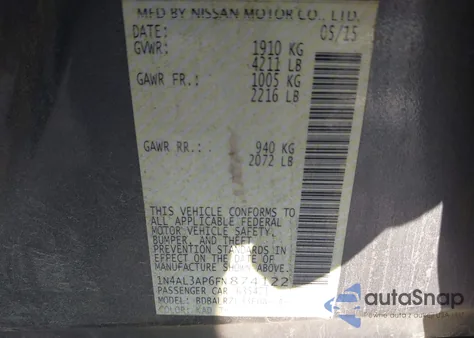 2015 Nissan Altima 2.5 Sl from USA, damaged, VIN 1N4AL3AP6FN874122